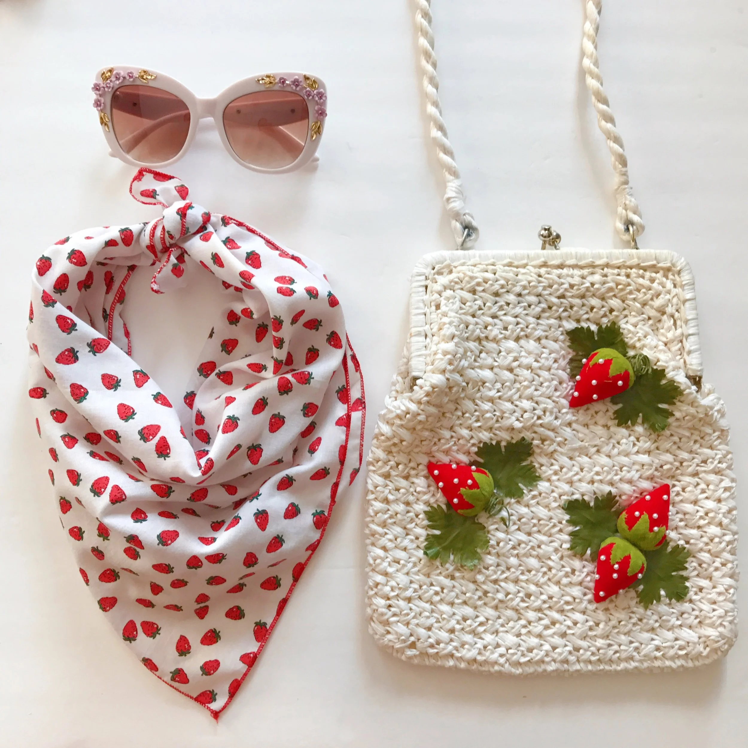 Floral embellished sunglasses, vintage strawberry print scarf & vintage 60's raffia purse with 3D strawberries 