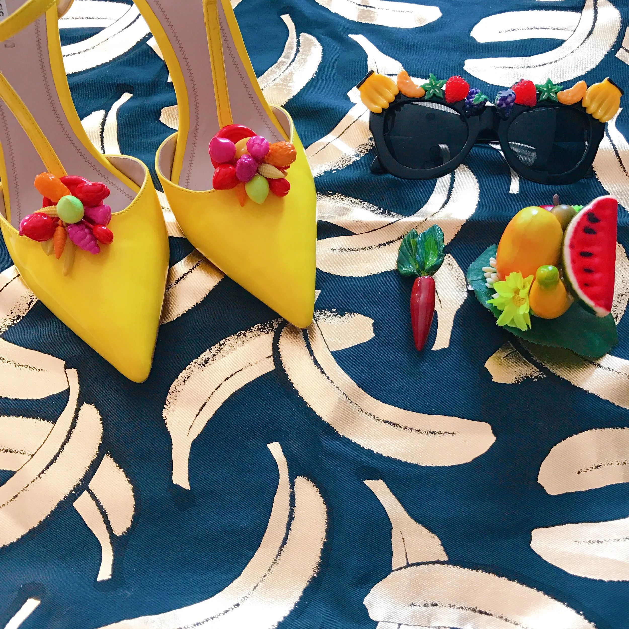 DIY Tutti-Frutti sunnies, DIY fruit heels (coming soon), tropical fruit pinup hair accessory, Mom's vintage carrot brooch 