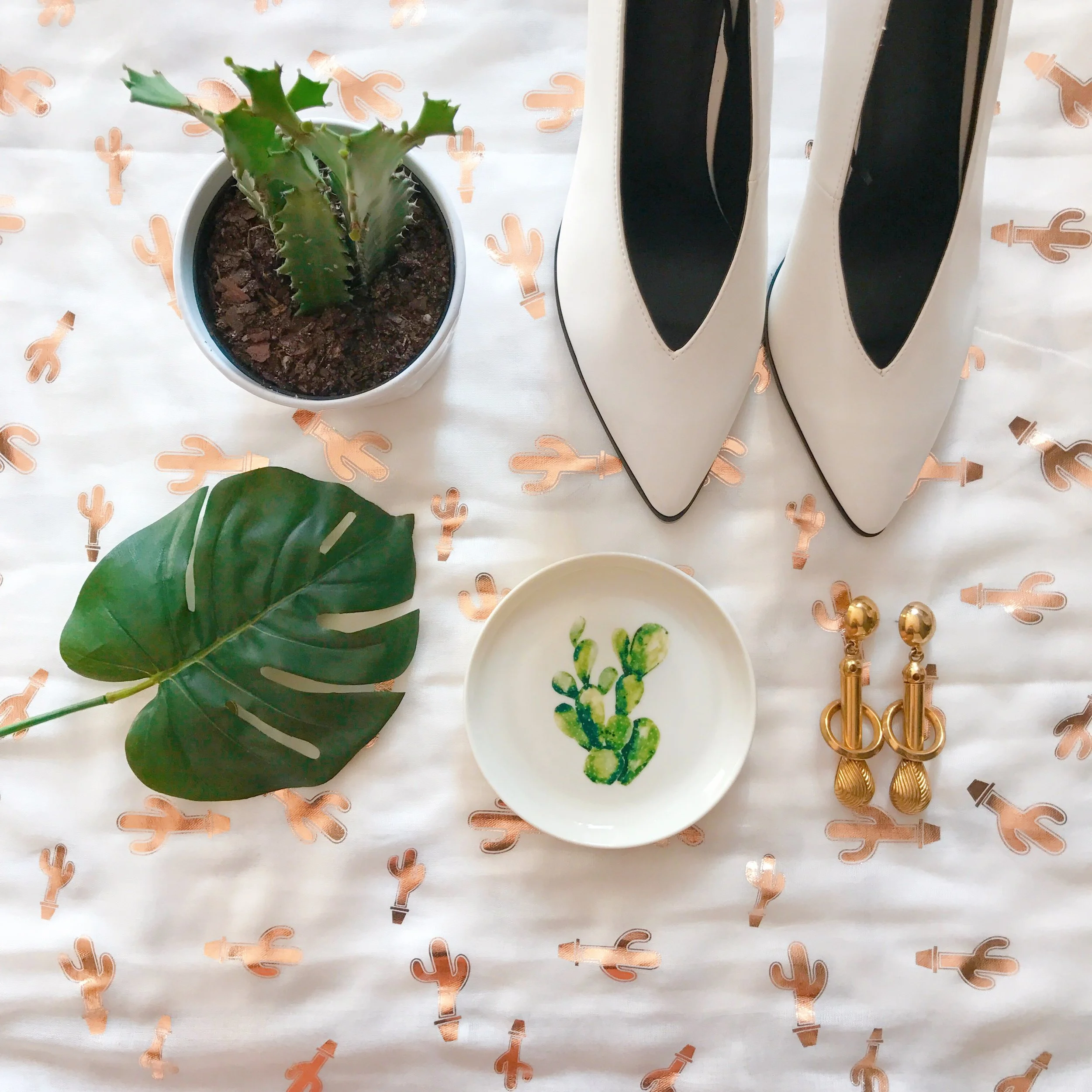 80's inspired heels, cactus dish, metallic-gold cactus print scarf and Mom's 80's architectural earrings 