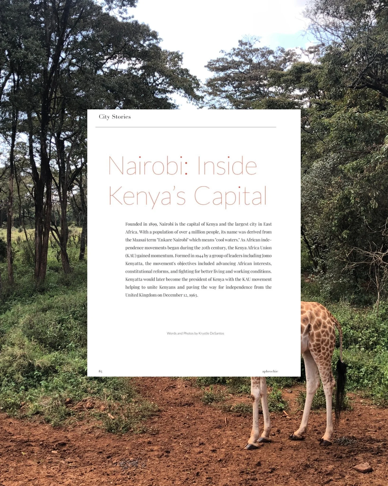 A magazine page with the title 'Nairobi: Inside Kenya’s Capital' is superimposed over a landscape scene with trees and a giraffe in a safari setting.