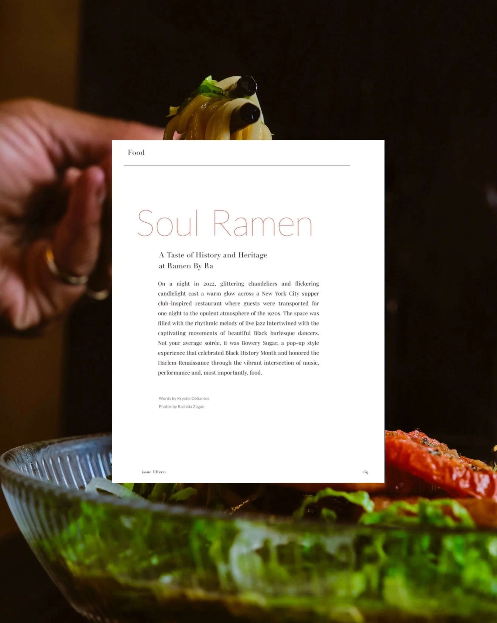 A person holding a menu titled 'Soul Ramen' in front of a bowl of ramen with green vegetables and sliced meat.