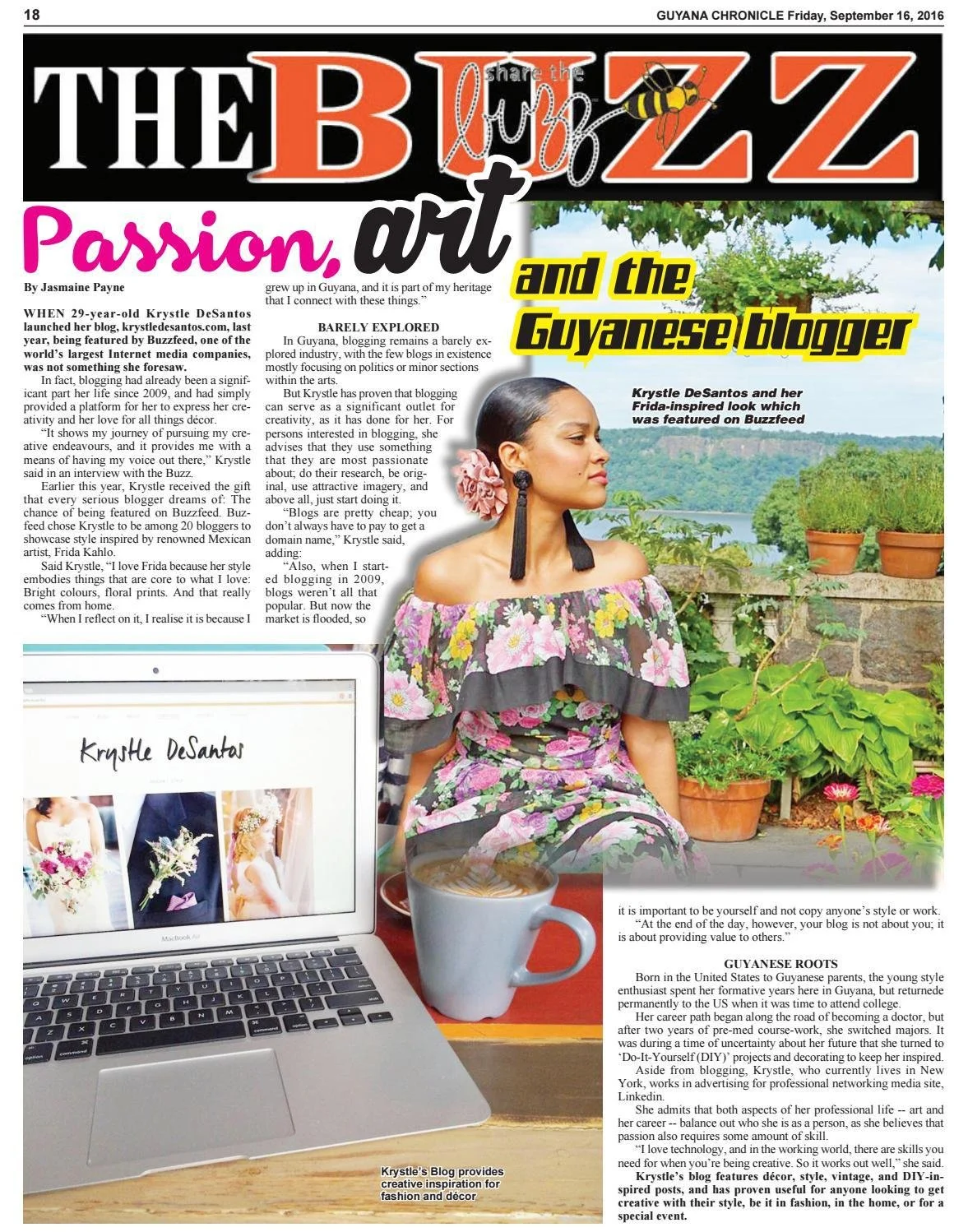 KRYSTLE DESANTOS FEATURED IN GUYANA CHRONICLE  FOR HER WORK AS A BLOGGER