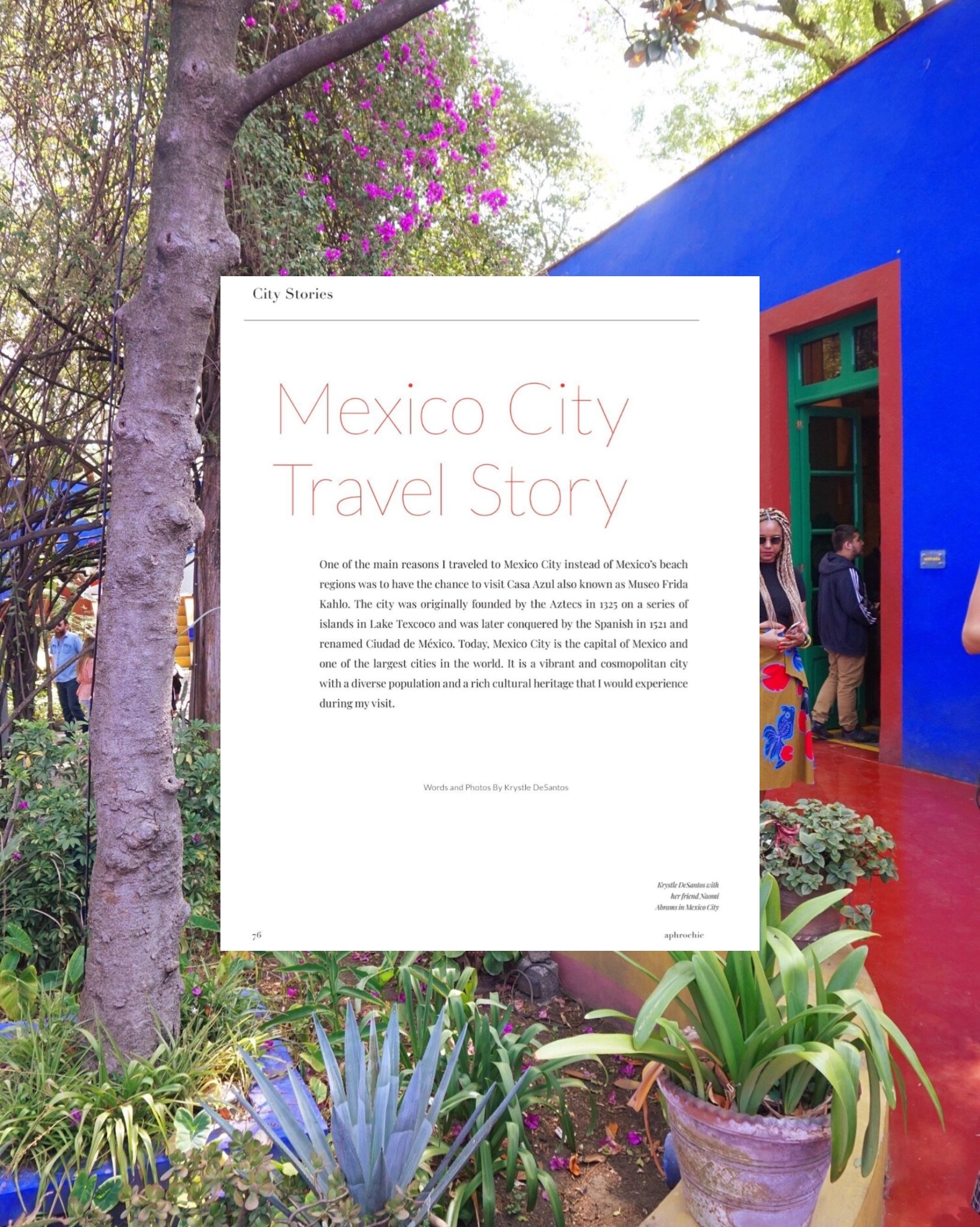An open book titled 'Mexico City Travel Story' is set against a colorful outdoor scene with a tree, vibrant flowers, and a blue building with green and red accents, and people in the background.