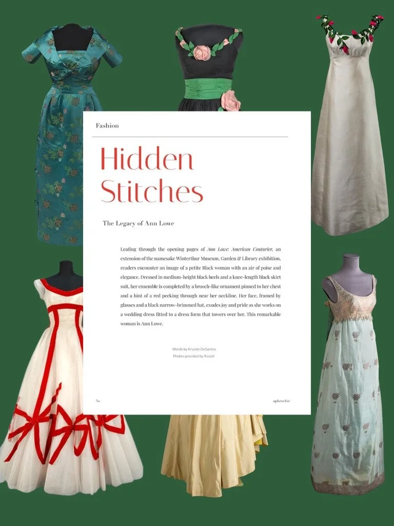 Book page titled "Hidden Stitches" surrounded by six vintage dresses on mannequins with a green background