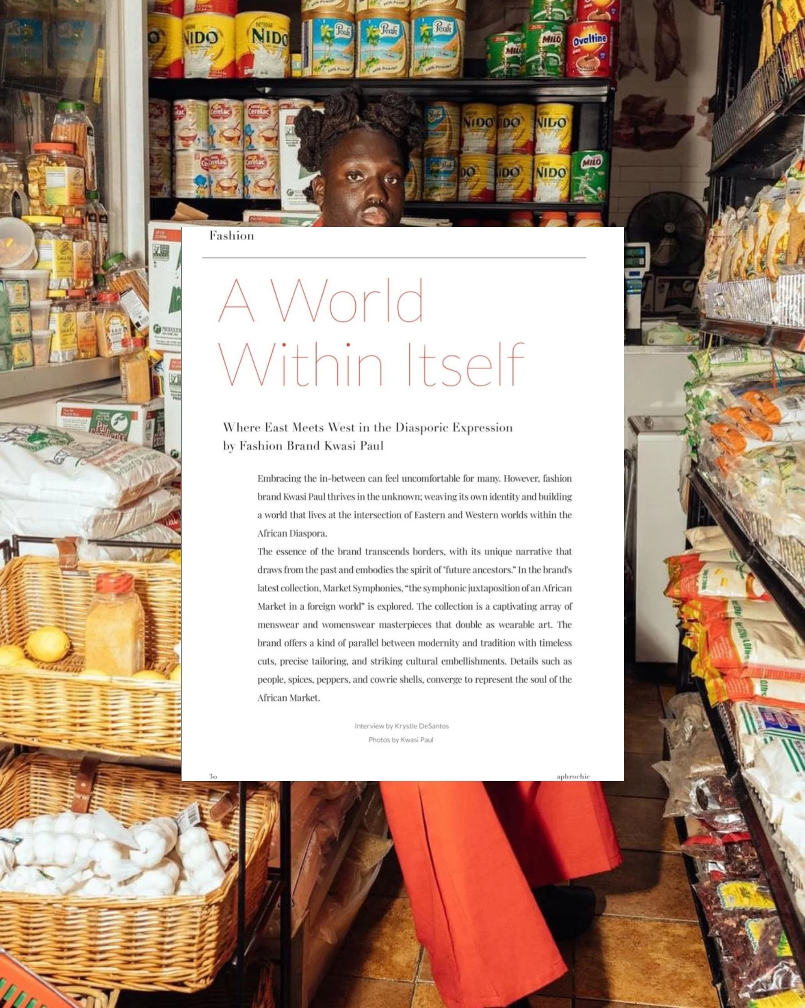 Woman standing in a grocery store aisle, partially obscured by an open magazine or book with white pages and text on it, with shelves of packaged food items around her.