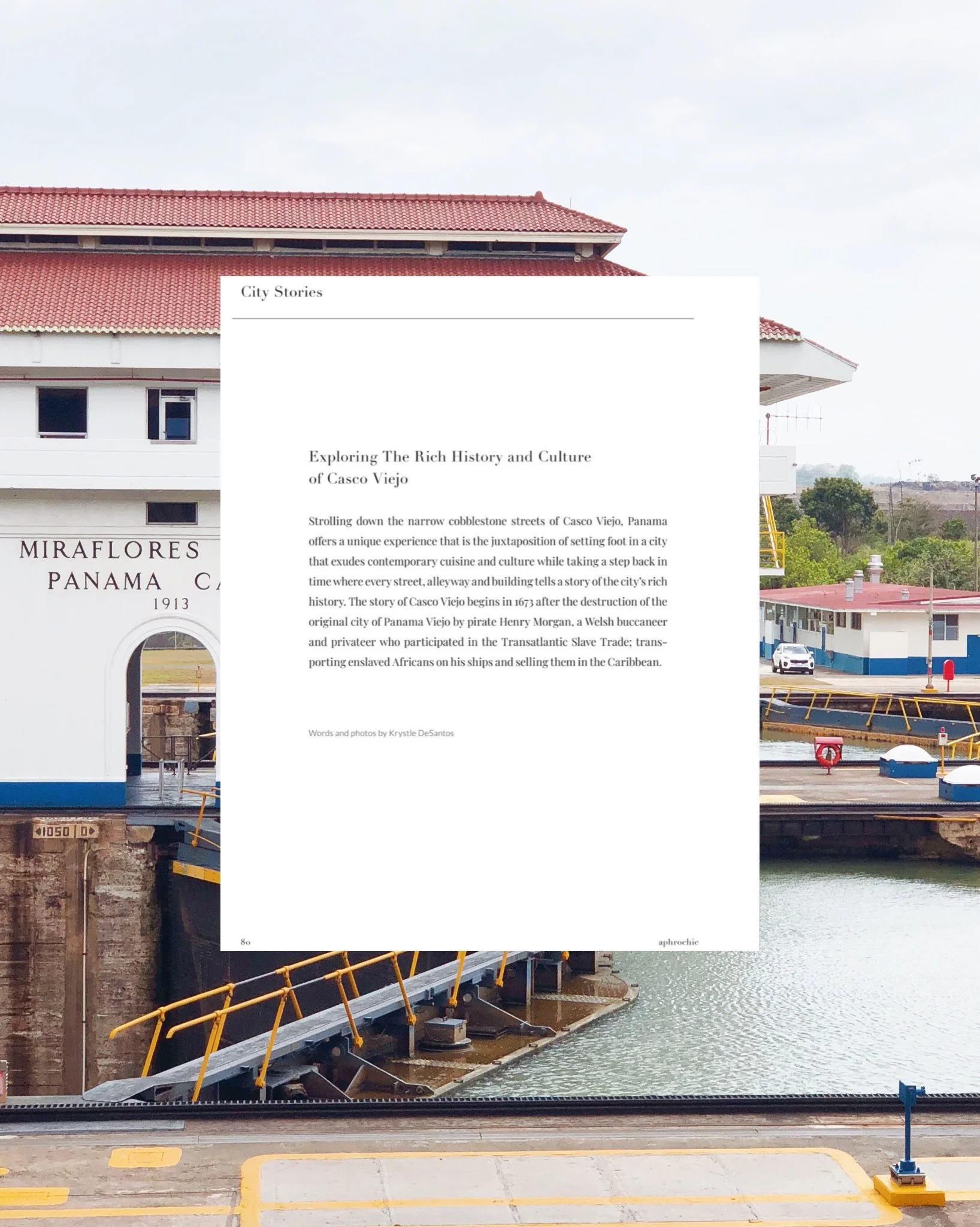 A city magazine page titled 'City Stories' overlaid on a photo of a ferry terminal with a white building labeled 'Miraflores Panama.'
