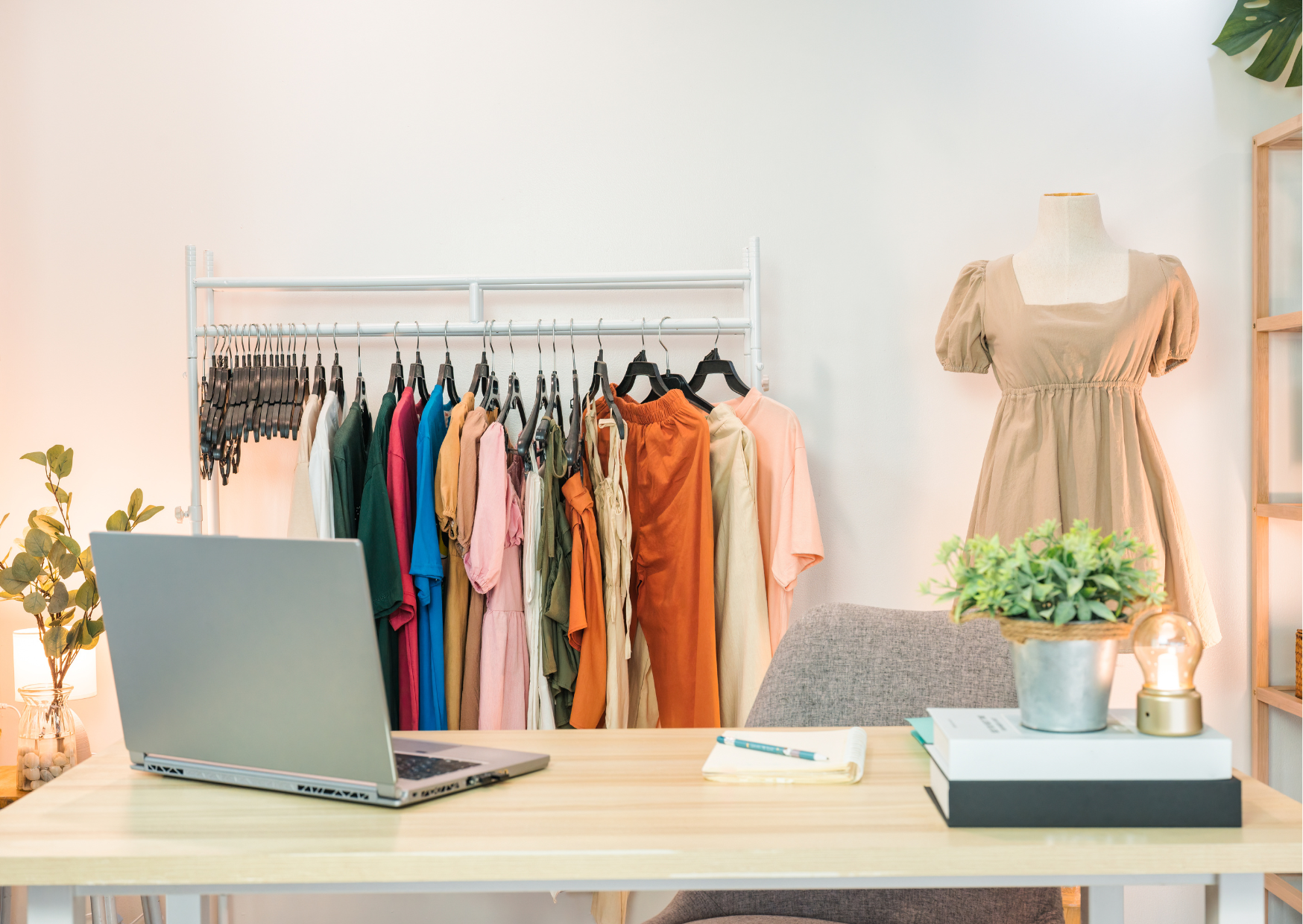 Clothing display in a boutique with a rack of colorful dresses, a mannequin in a beige dress, a gray chair, and a desk with a laptop, notebook, and a potted plant.