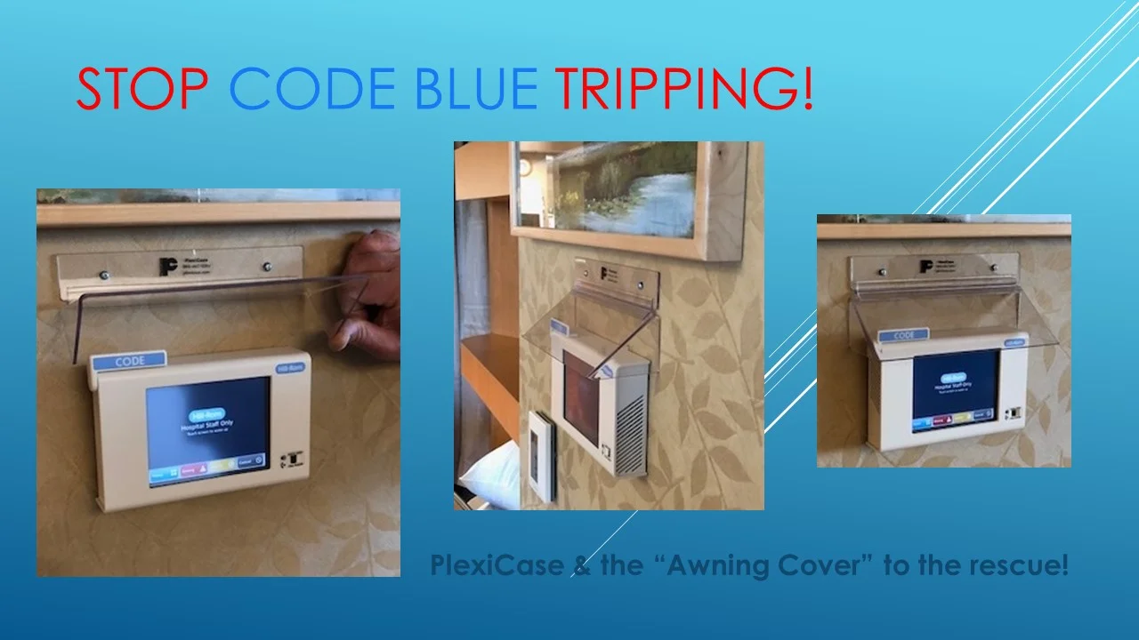 PlexiCase “Awning cover” prevents accidental tripping of Hill - Rom Code Blue lever. Not long ago Mr. John Nicodemus from St. Alphonsus Hospital in Idaho reached out to PlexiCase for help to solve a nagging problem! Some of the faculty had been placing pencils on the Hill Rom device and then inadvertently causing the code blue alarm to go off! As you can imagine this would cause anxiety to patients and added distraction to already busy environment. Besides the “Pencil incidents” the code blue lever had been set off by other curious hands from time to time. Our design team came up with the simple yet effective design you see in the pictures. This simple but cleaver cover solved the problem so well that they were installed throughout the entire hospital. Perhaps you could use our protective cover over your Hill Rom Grs5 device in your hospital? Or need help solving a different pesky problem? Let the PlexiCase team come up with an inexpensive solution! Saint Alphonsus 1055 N. Curtis Rd. Boise, Idaho 83706 www.saintalphonsus.org