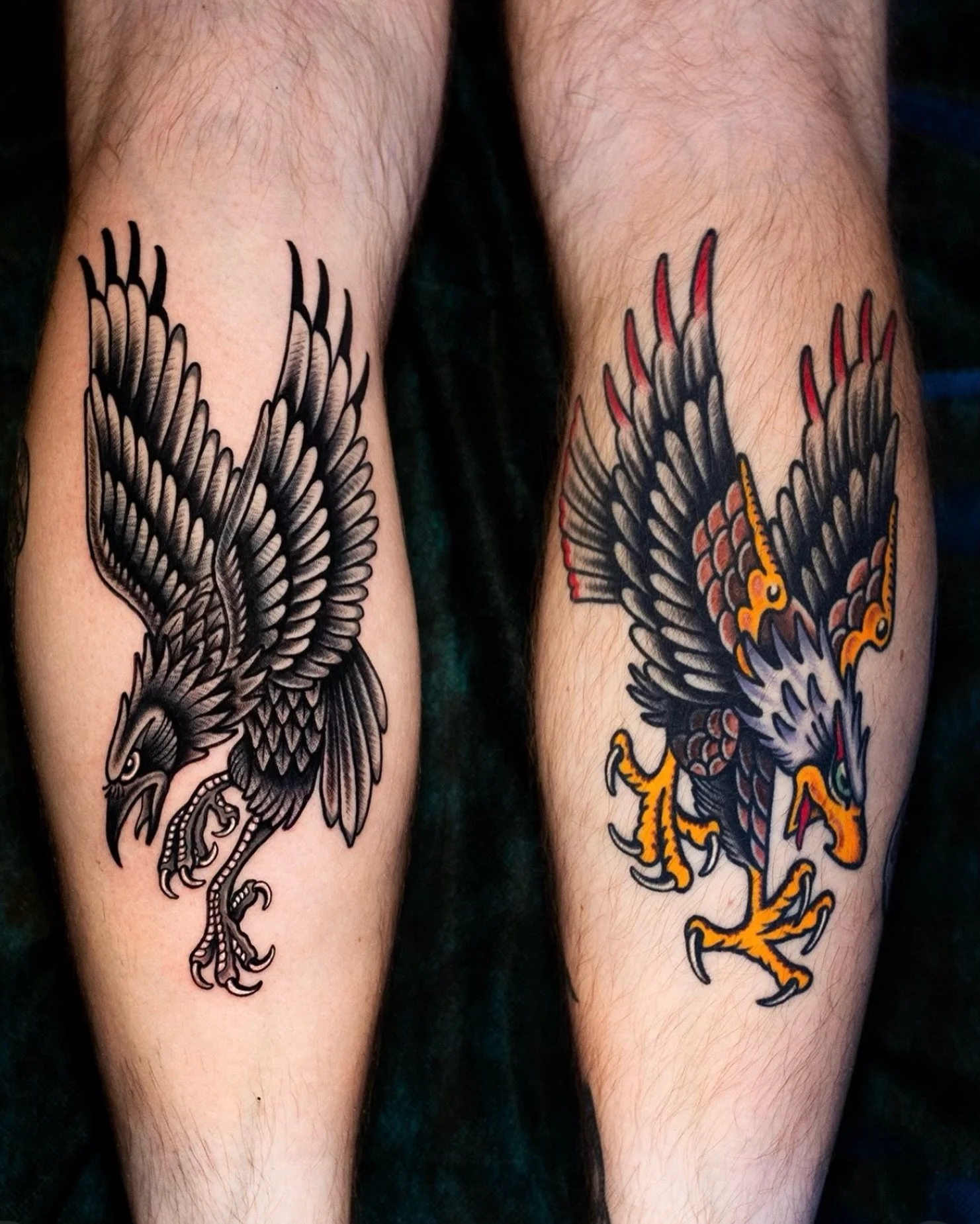 Fresh raven, healed eagle, both by @miguelcomintattooer