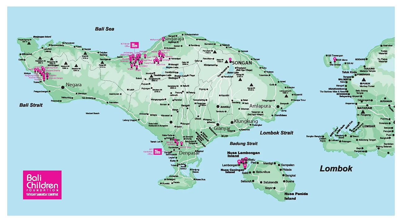 Map of Bali, the pink marks indicate where BCF is working. 