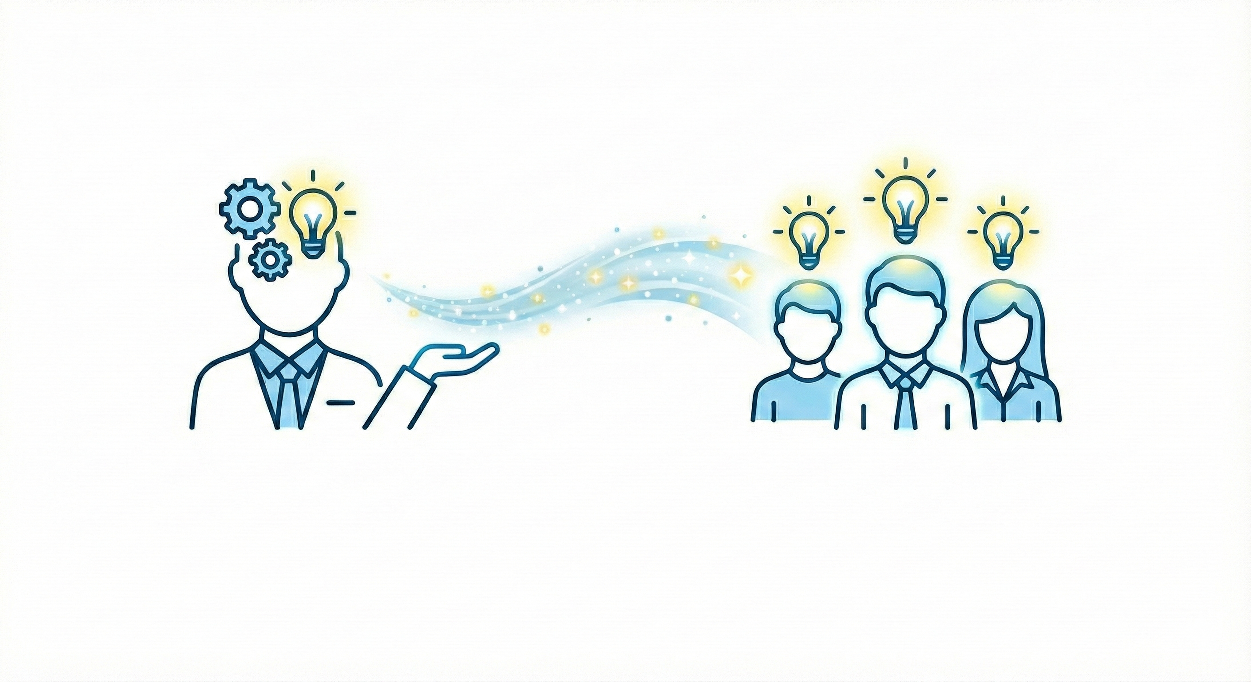 Conceptual illustration on a white background showing knowledge transfer from an expert to a team, depicted as lightbulbs glowing to symbolize empowerment and skill acquisition.