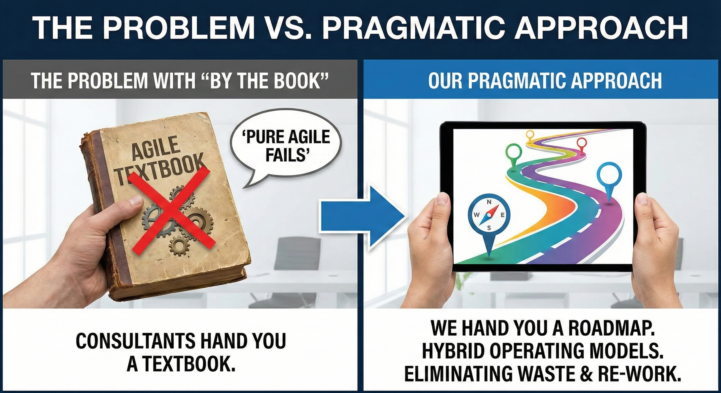 Infographic comparison showing a rejected "Agile Textbook" approach versus a modern digital roadmap on a tablet, illustrating Dora Consulting's pragmatic hybrid operating model
