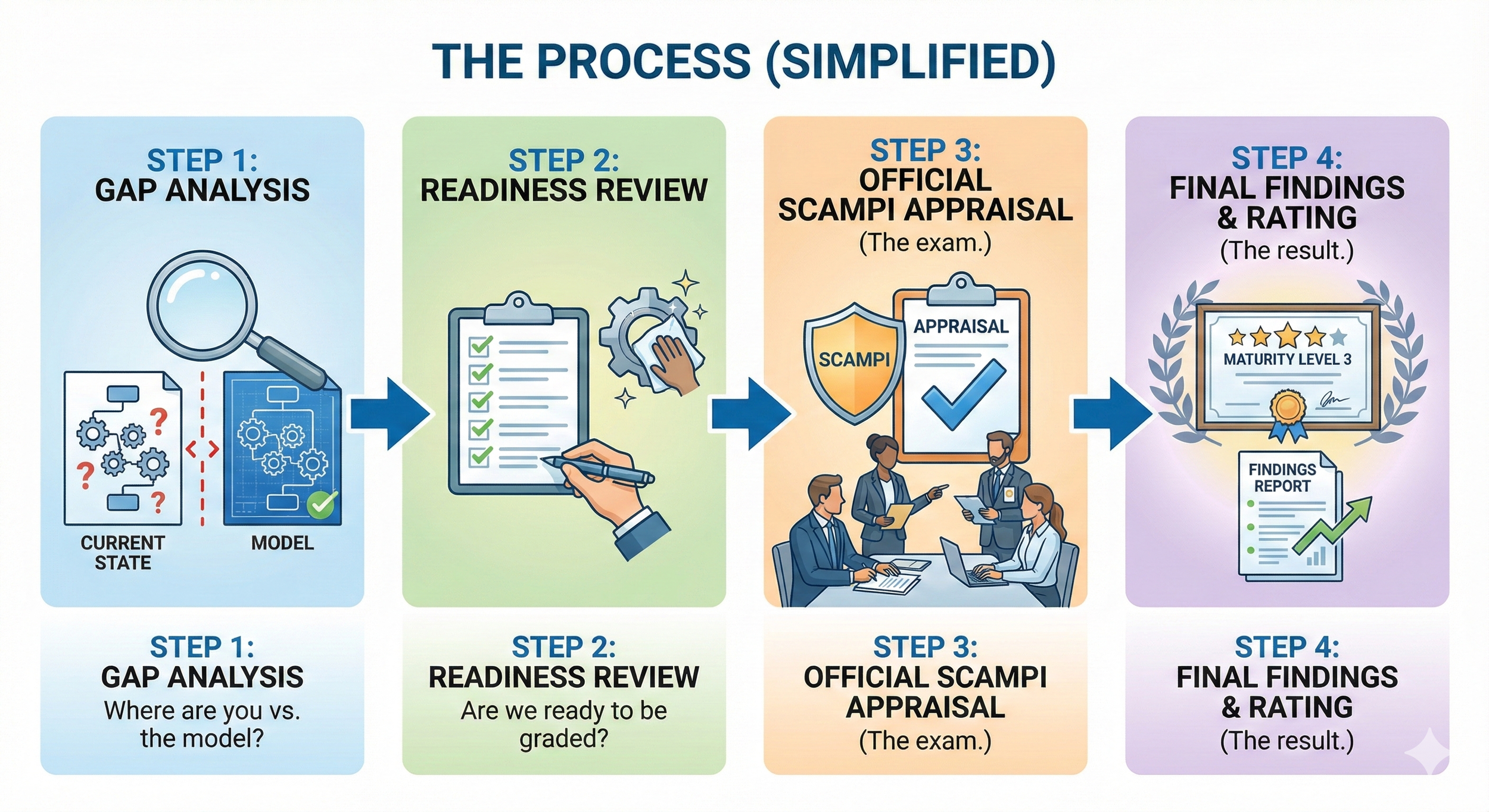 Infographic illustrating the four-step appraisal process: Gap Analysis, Readiness Review, Official SCAMPI Appraisal, and Final Findings resulting in a Maturity Level rating.