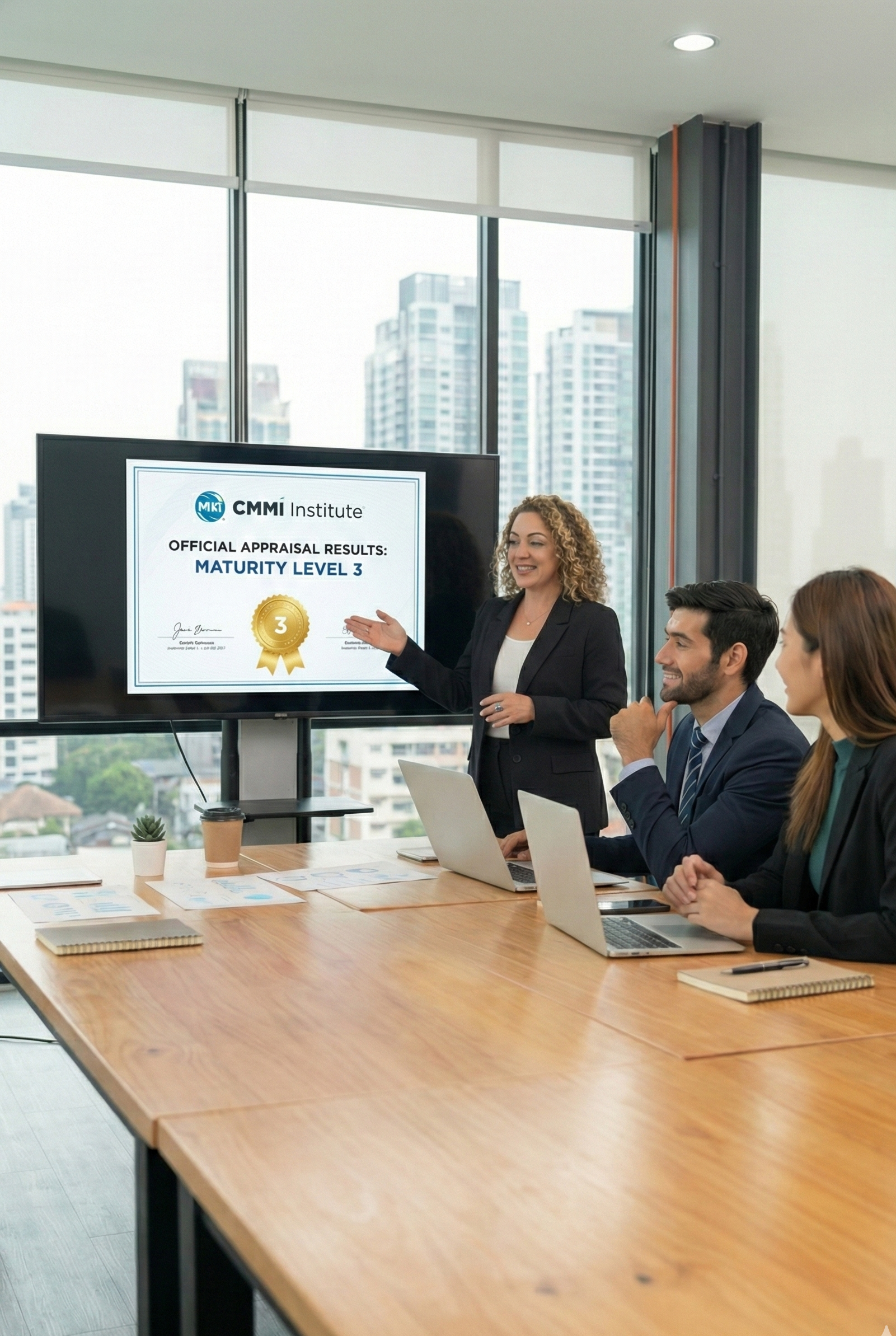 Dilek Oral-Ozdemirci presenting official CMMI appraisal results and Maturity Level 3 rating on a large screen to clients in a boardroom.