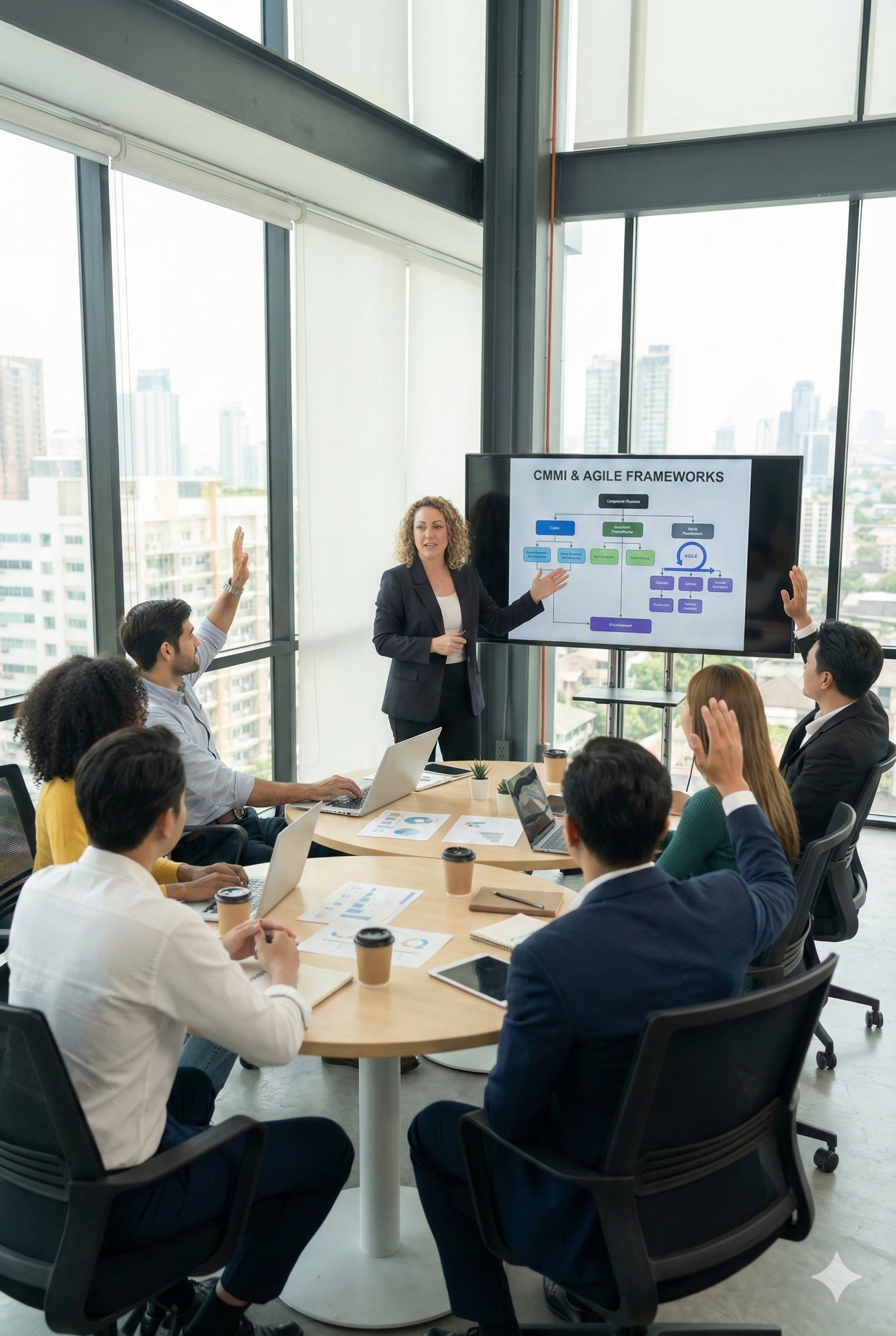 Portrait shot of a corporate training workshop where an engaged team is learning process improvement strategies (CMMI and Agile) in a modern office setting.