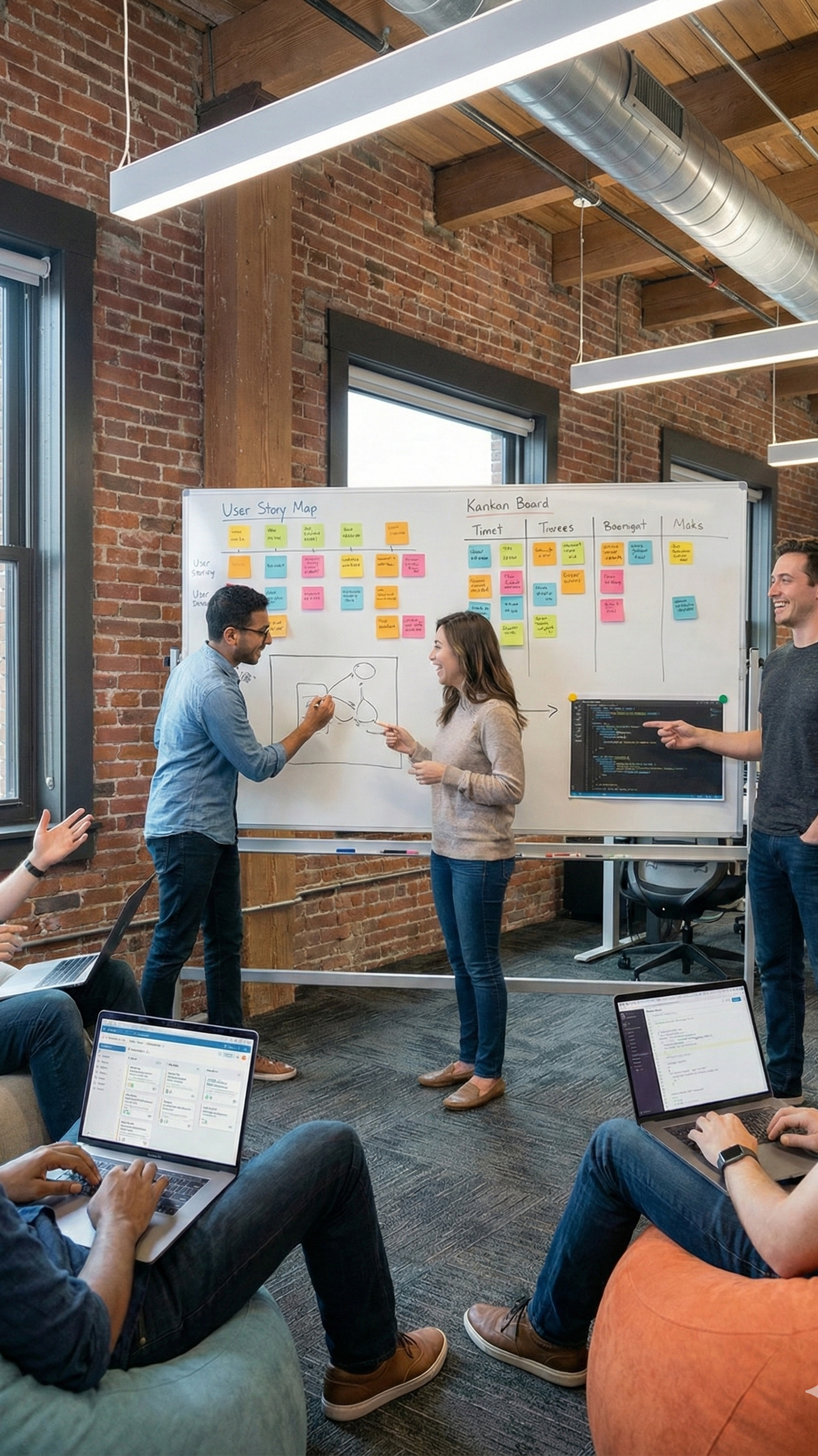Portrait photograph capturing an energetic software engineering team collaborating on a whiteboard with Agile artifacts in a modern Toronto tech office.