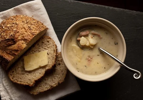 POTATO, HAM, & GRUYERE. Tastes like scalloped potatoes. A Boyne City favorite!