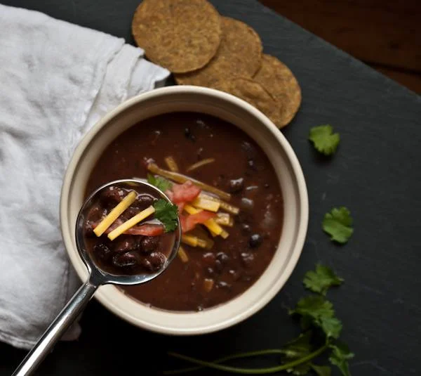 BLACK BEAN SOUP. Ours is more soupy and more flavorful than most.
