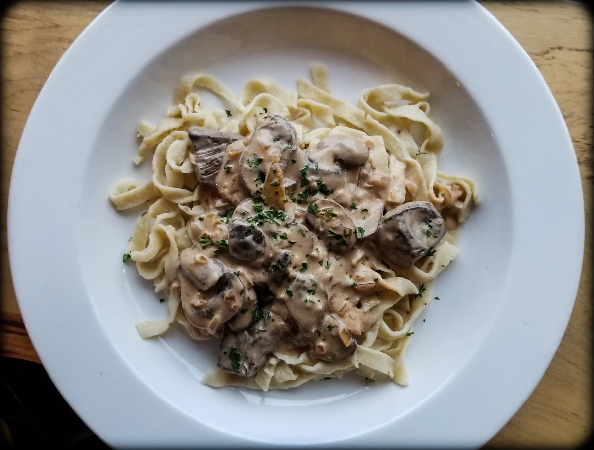 BEEF STROGANOFF. Beef tenderloin, fresh mushrooms, house-made pasta.