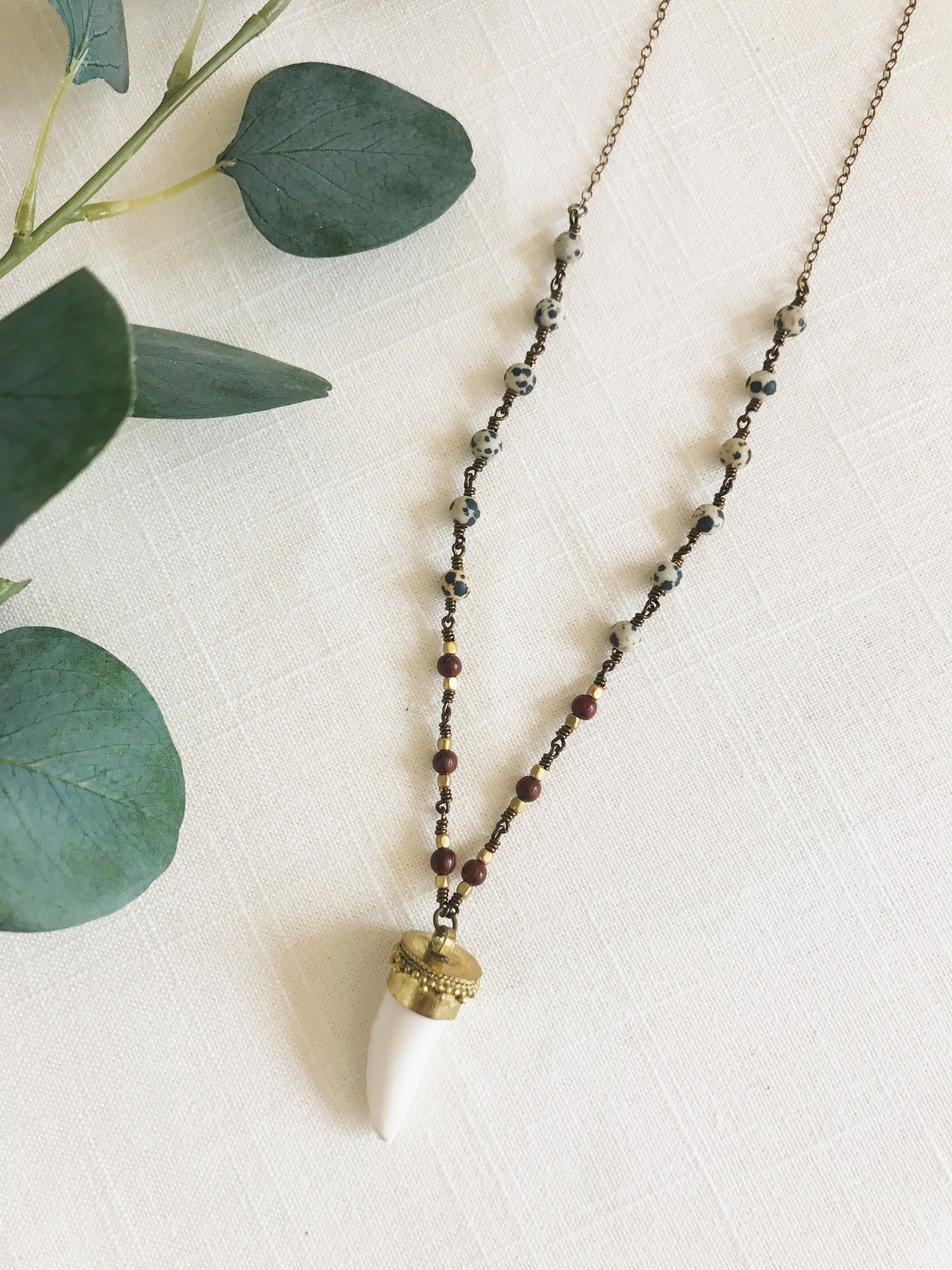 carved ox horn + dalmation jasper beaded chain