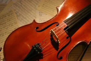 Chet's cello and compositions on the wall