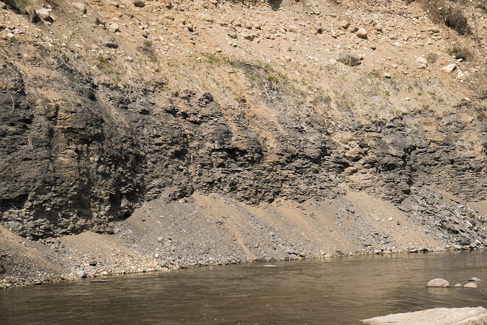 Crumbling cliffs of shale.