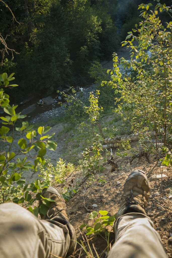Looking down at Sean and Mitch from the ridge of one of Waskwei River's canyons.