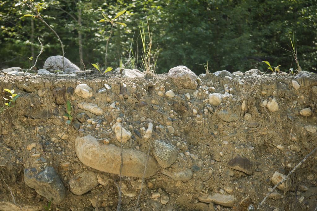 A wall of river rocks and glacial till deposited from a time when the river ran much deeper