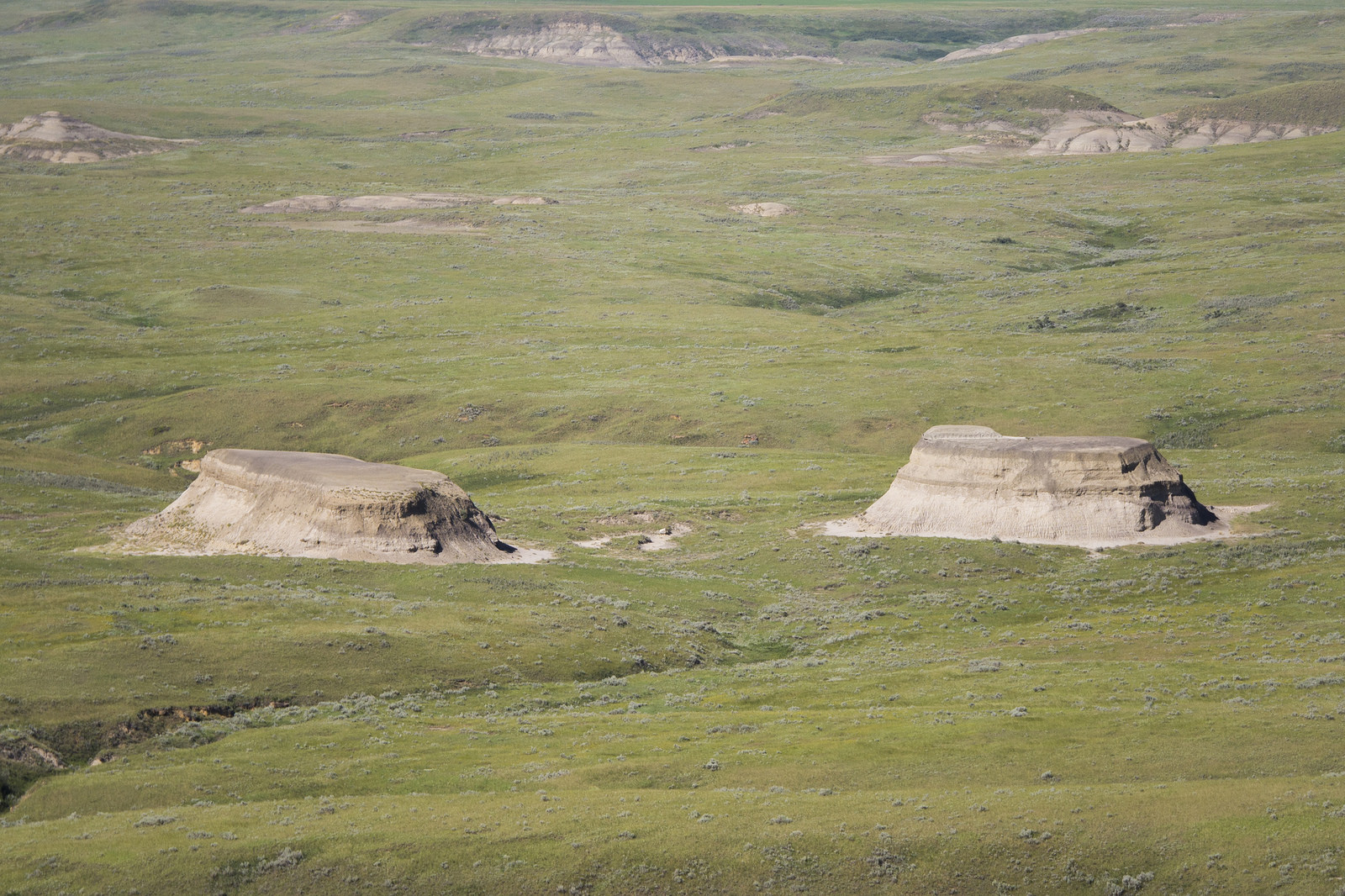 Decapitated buttes—layers of softer density erode away leaving shelf-like plateaus.