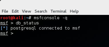 Kali Linux MSF Console Connected to Database
