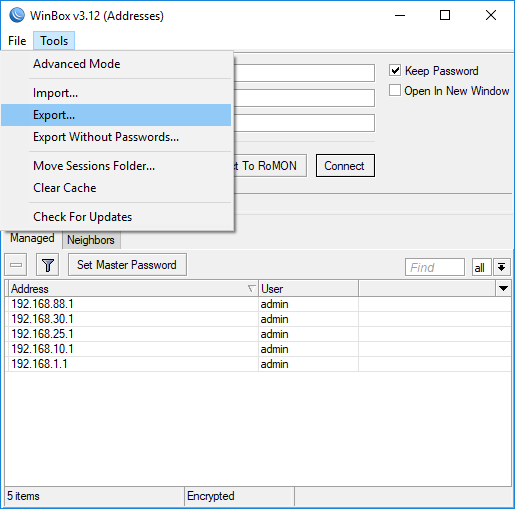 Winbox managed hosts export