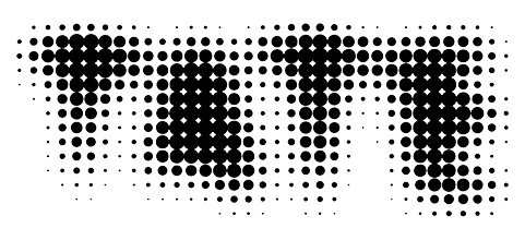 An eye chart designed with black dots of varying sizes to form the letters 'eyem'.