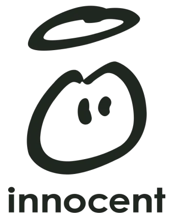 A simple black and white logo with a halo above a stylized face, and the word "innocent" below.