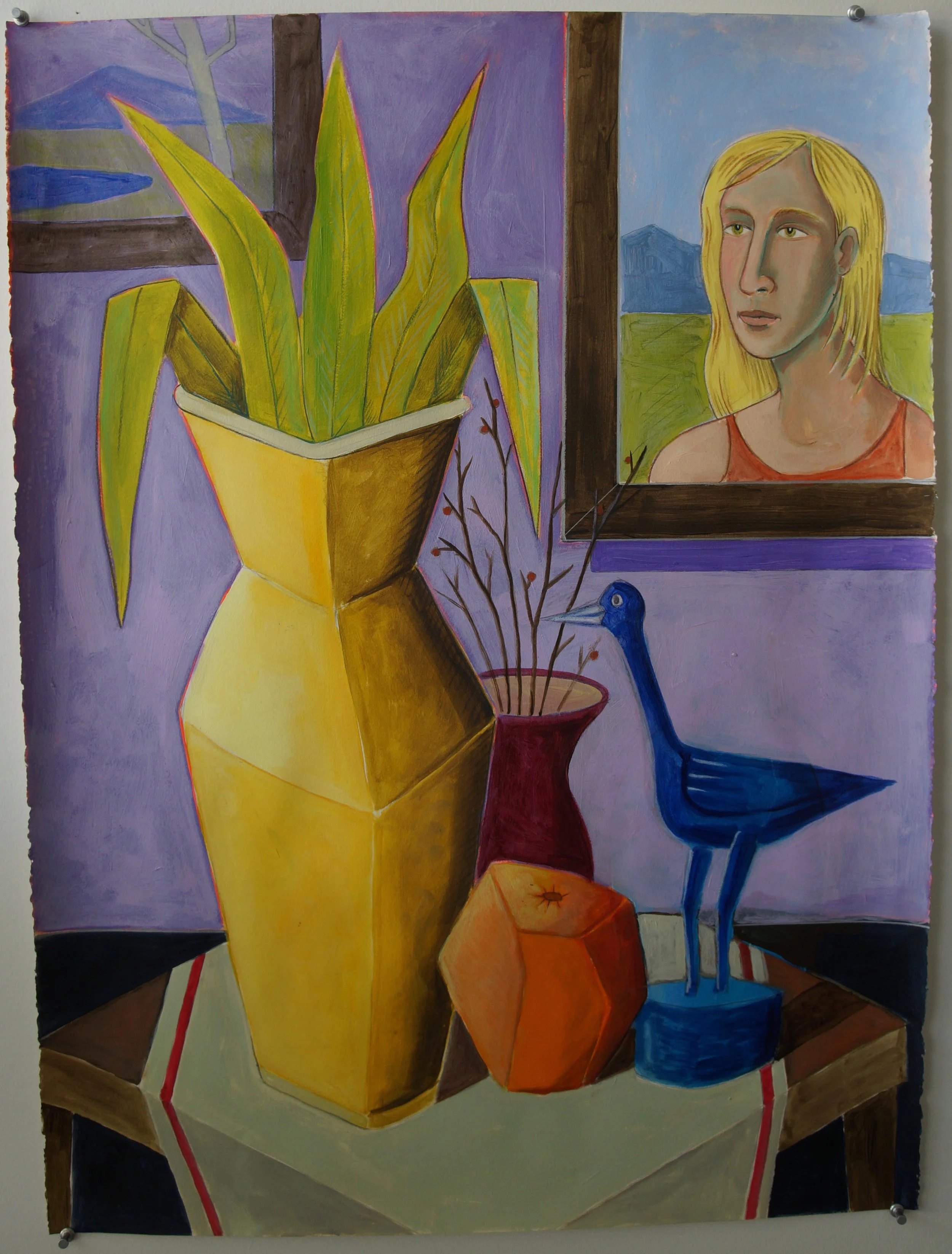 Table with long neck bird 22x30 acrylic on paper 2021.jpeg