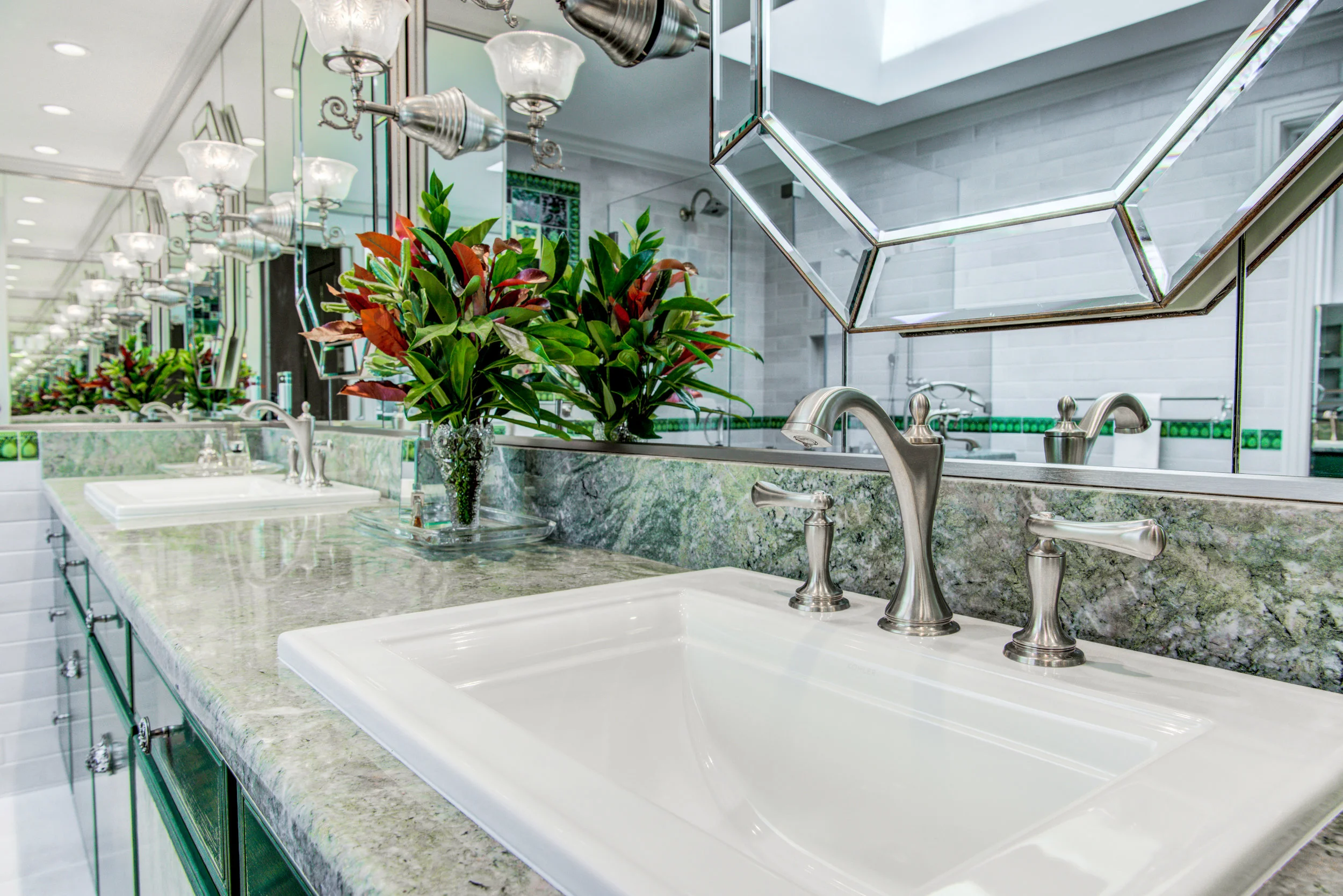 Extraordinary master bath using antique green tiles