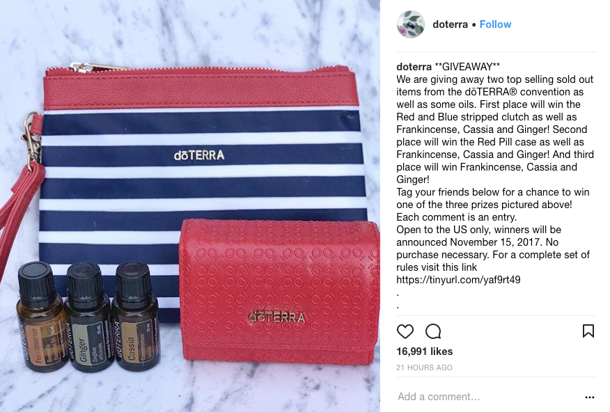 Doterra sharing an image of the prizes for the giveaway. 