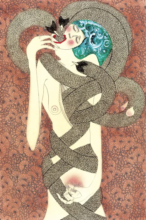 Envy ; From the Series of The Seven Deadly Sins Tarot Cards. Acrylic, tea, ink and graphite 2012