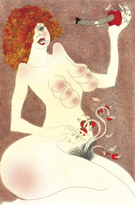 Gluttony ; From the Series of The Seven Deadly Sins Tarot Cards. Acrylic, tea, ink and graphite 2012