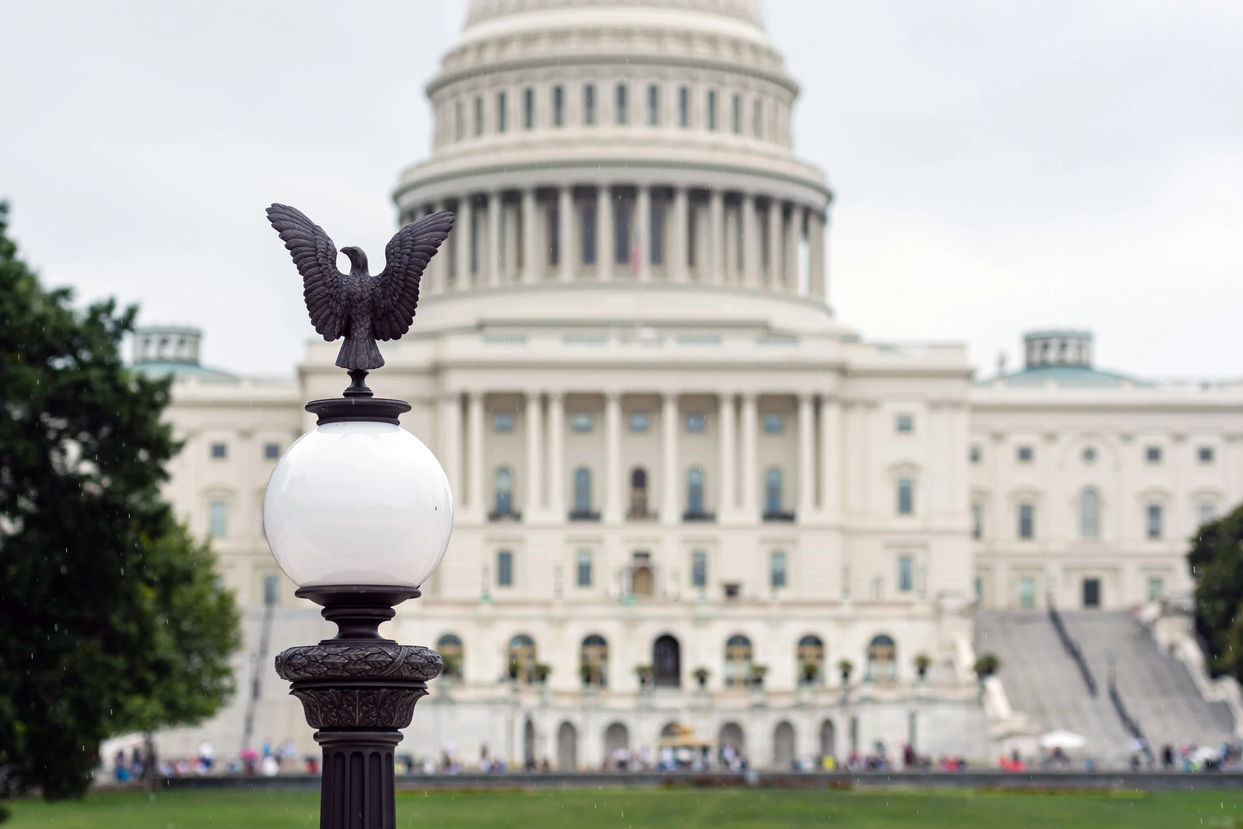 Lantern with an eagle and blurred view of the Capitol building f