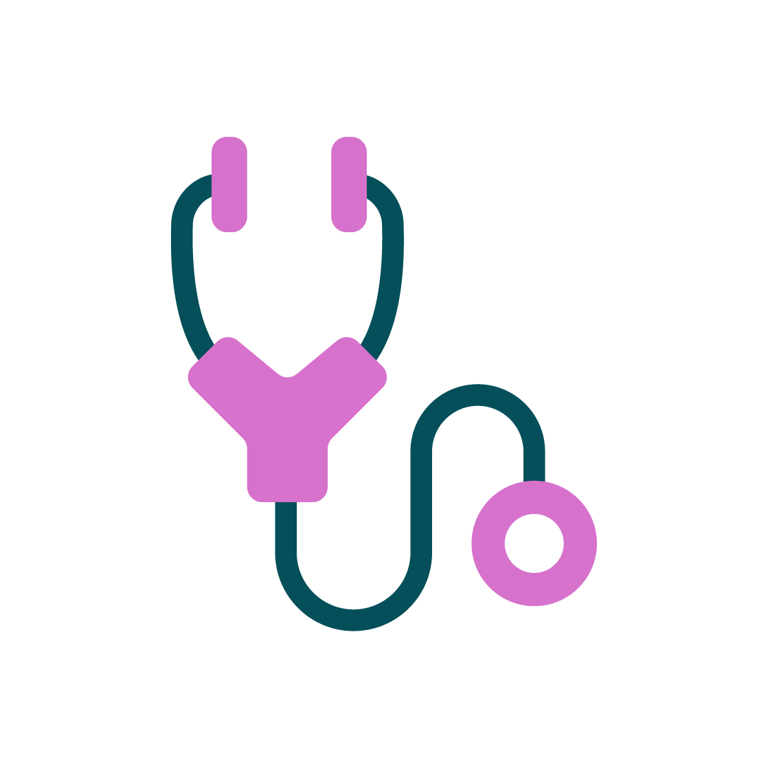 Icon of a stethoscope, with purple earpieces and chest piece connected by a teal tube.