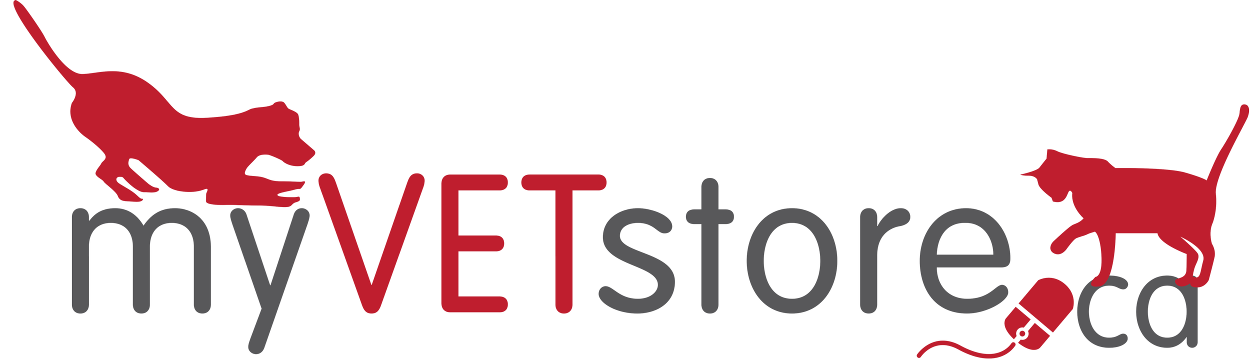 Logo for myVETstore with a red mouse, a gray mouse, and a red computer mouse connected to a power plug, with the text 'myVETstore'.