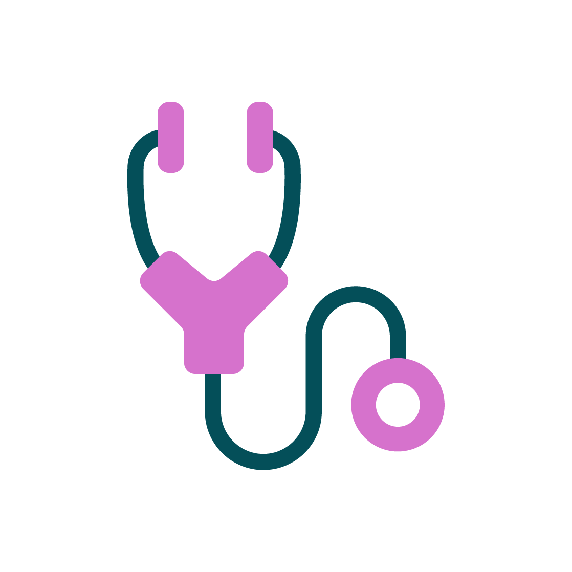 Illustration of a stethoscope with purple earpieces and chest piece, and a purple Y-shaped connector.