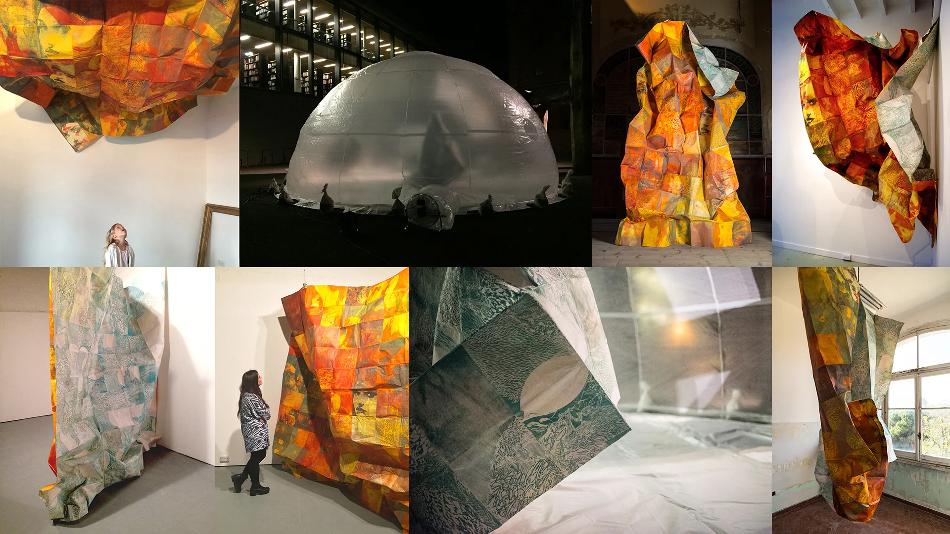 Clockwise from top left: Werkstadt Berlin; Inside Nomadic Atelier in Weimar; On stage at Teatro Marinoni; at CR Ettinger Studio Philadelphia; Director's office at Marinoni; Close-up inside Nomadic Atelier; Two views at GENERATORprojects Dundee