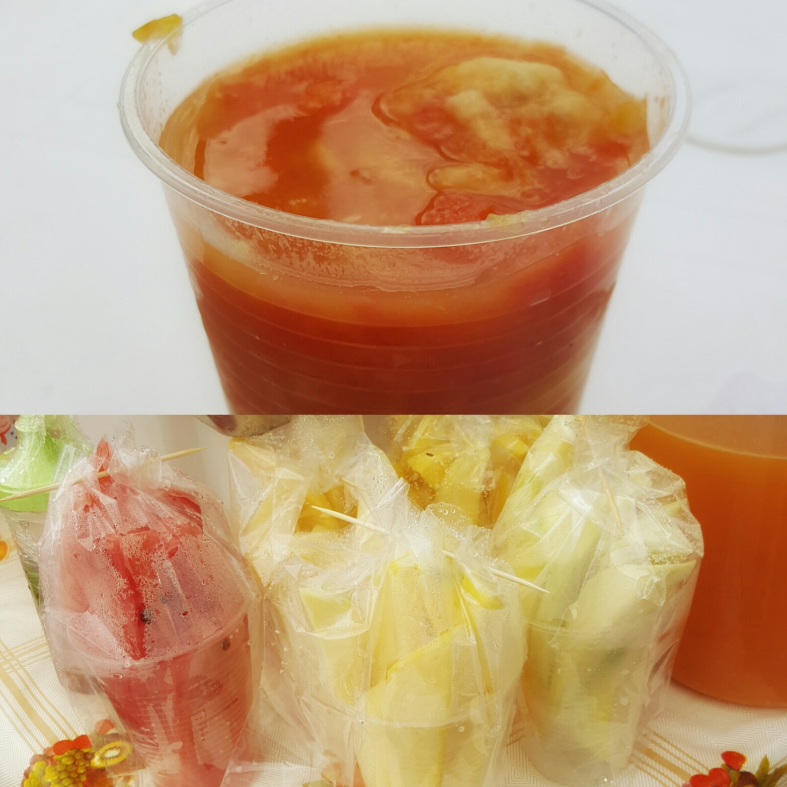 Top: Fresh fruit juice made with mango, banana, and papya Bottom: Fresh sliced fruit mango and watermelon available for sale, try the mango with lemon juice and salt