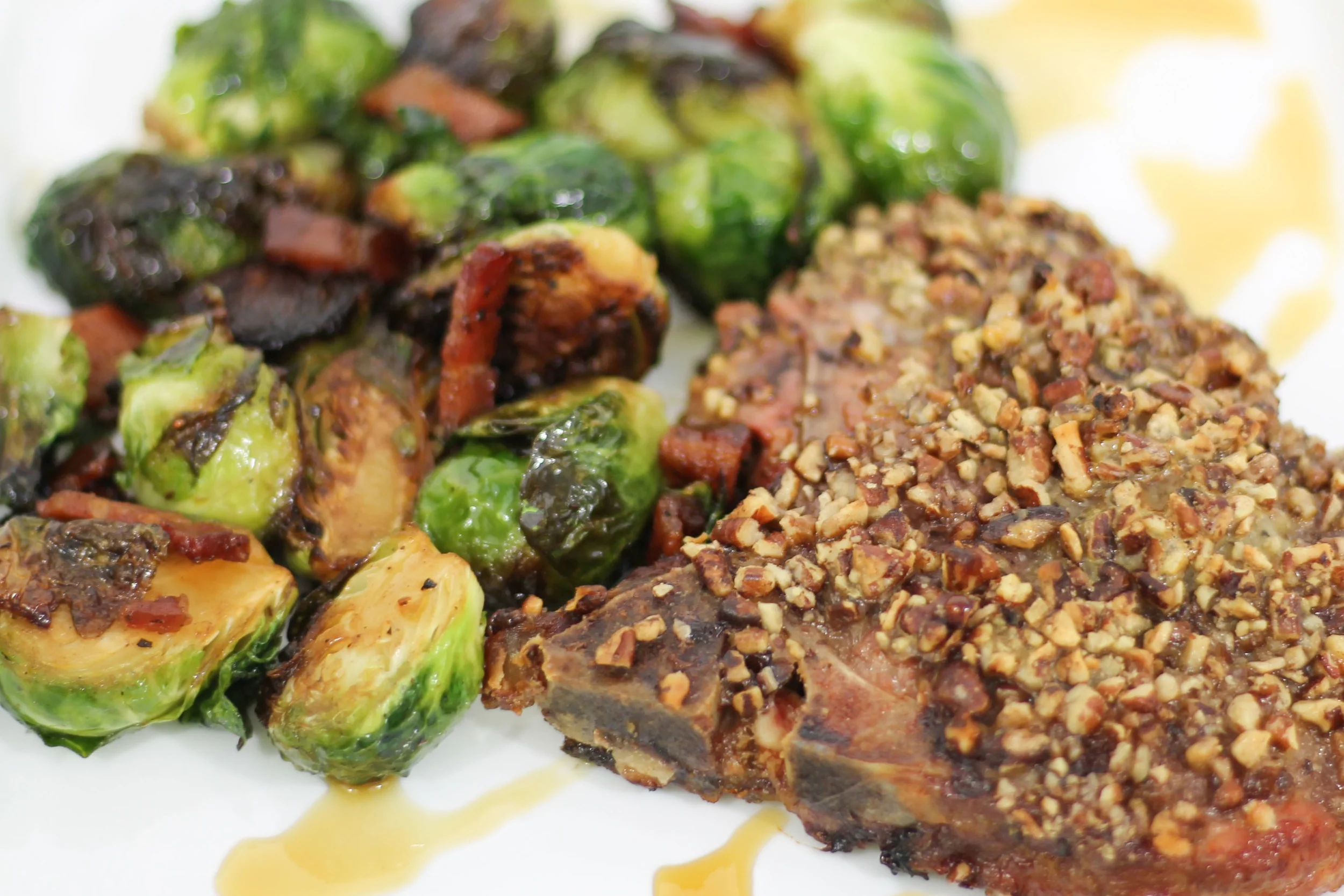 Maple Bacon Brussels Sprouts & Oven Baked Pecan Crusted Pork Chops