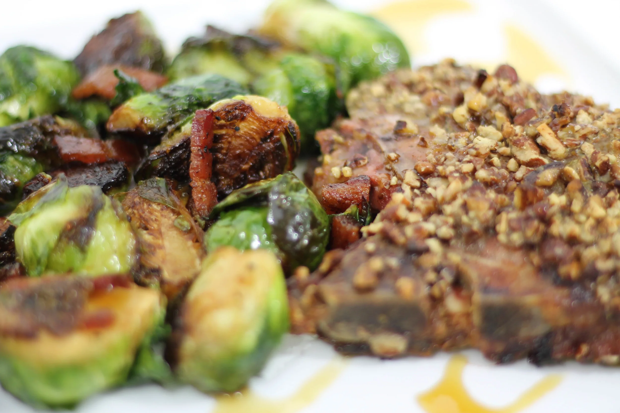 Maple Bacon Brussels Sprouts & Oven Baked Pecan Crusted Pork Chops