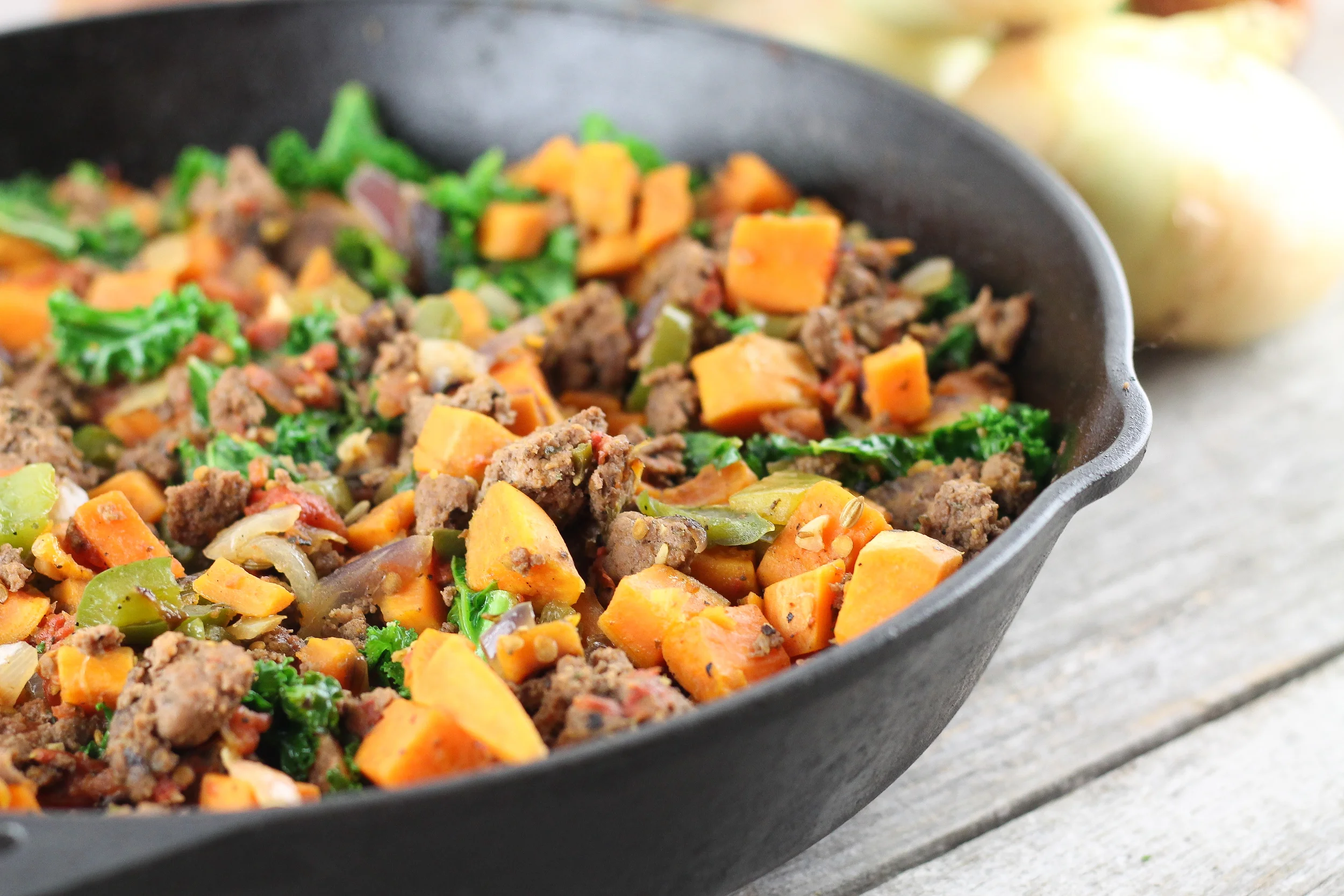 paleo, vegetables, kale, sausage, eat clean, clean eats, skillet, cast iron