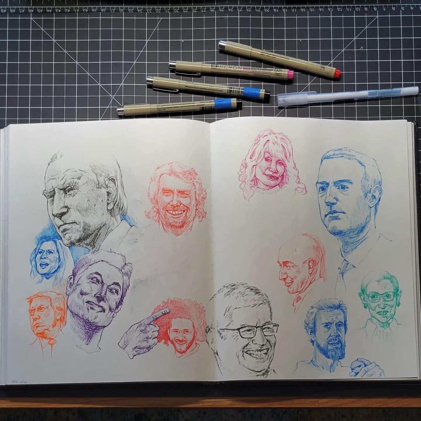 Continuing my no pencil likeness studies. I still tend to elongate the face and narrow the eyes but I'll get there. 
From top left to right counter cw:
Richard, Biden, Harris, Trump, Elon, Colin, Tim, Bezos, Jack Dorsey, RBG, Zuckerberg &amp; Dolly P