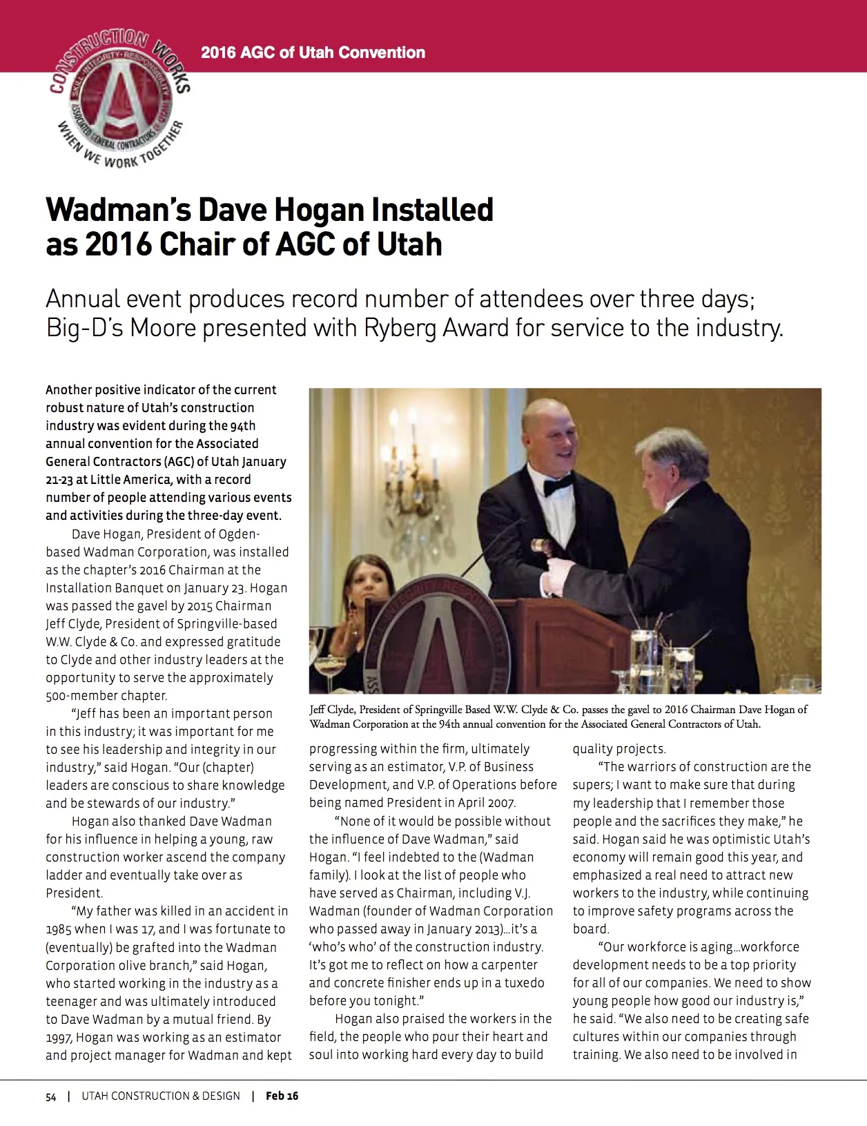 Hogan Installed as 2016 Chairman of AGC of Utah — Wadman Corporation