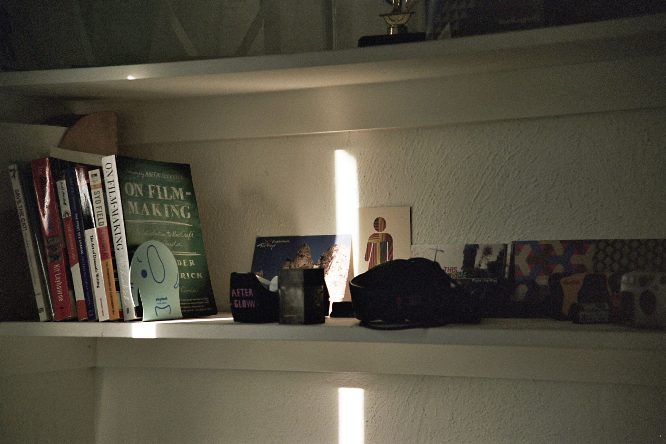 A shelf in Ernst's Silver Lake apartment provides a perch for mementos and meaningful tchotchkes .